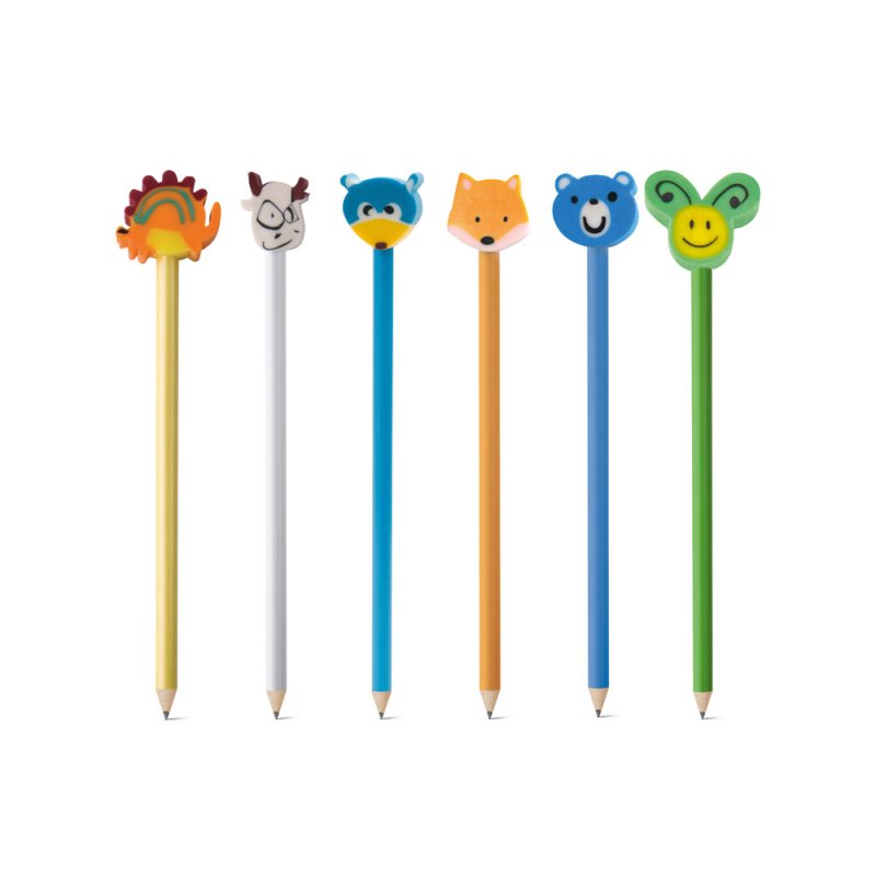 6 Lápis apontados com boneco de animais em borracha 